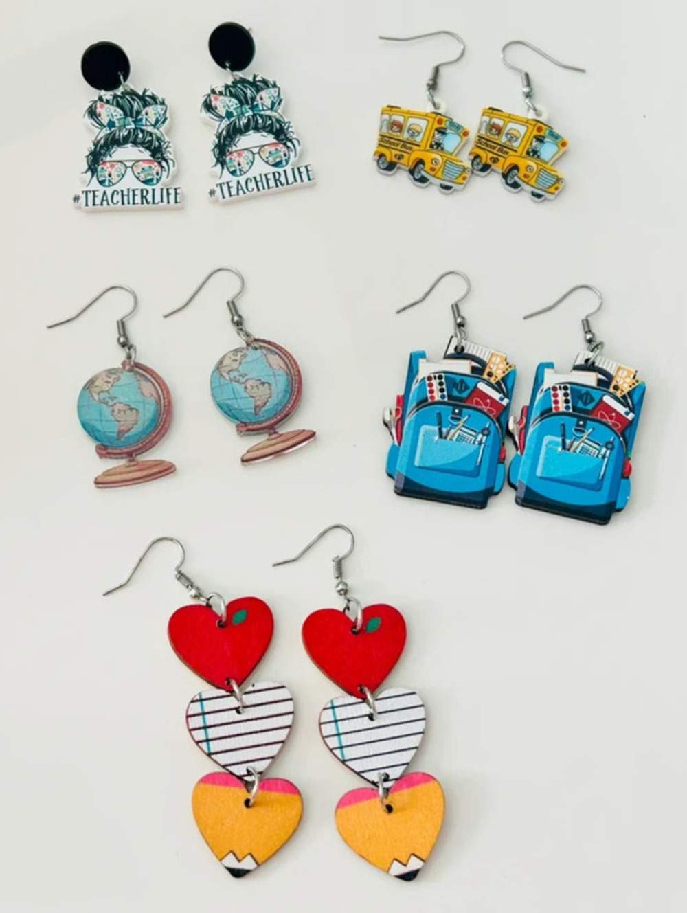 School Themed Teacher Wooden Dangle Earrings Bundle of 5